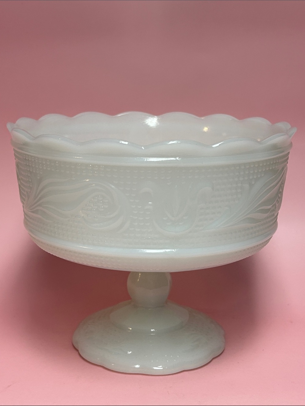 Vintage Milk Glass E O Brady Co M6000 Footed Pedestal Bowl Vase White Scalloped